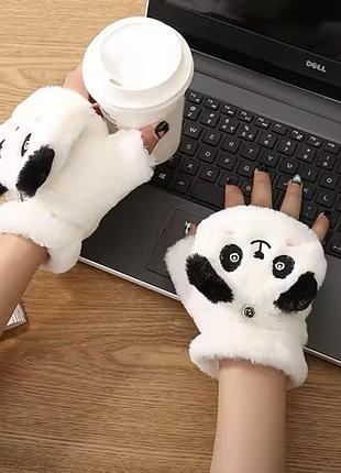 Варежки митенки 2 в 1 теплые меховые панда (teddy, тедди, медведь, мишка), унисекс...