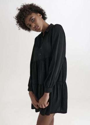Жіноча маленька чорна сукня плаття рубашка сорочка з рюшами вінтаж класика кльош літнє хлопок натуральне бавовна льон3 фото