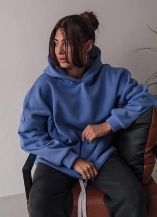 Худи женское однотонное оверсайз с капишоном качественное стильное базовое повседневное голубое графитовое
