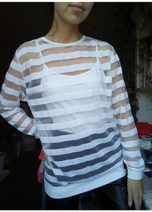 Полупрозрачный лонгслив в полоску, белая туника сетка, белый джемпер прозрачный,...
