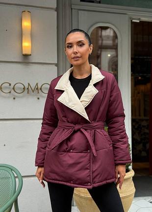 Демисезонная куртка полупальто с поясом на холлофайбере из водоотталкивающей плащёвки