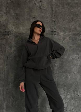 Костюм спортивный женский графитовый однотонный оверсайз худи с карманом на молнии брюки на высокой посадке качественный