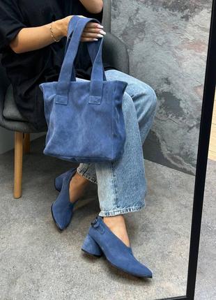 Туфли ботильоны из итальянской кожи и замши женские на каблуке синие джинс