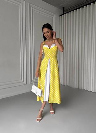 Жіноче літнє плаття сукня софт на бретелях міді в горох горошок легше якісне для фотосесій стильне модне красиве ошатнішою святкове чорне жовтий1 фото
