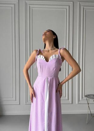 Жіноче літнє плаття сукня софт на бретелях міді в горох горошок легше якісне для фотосесій стильне модне красиве ошатнішою святкове лавандове4 фото
