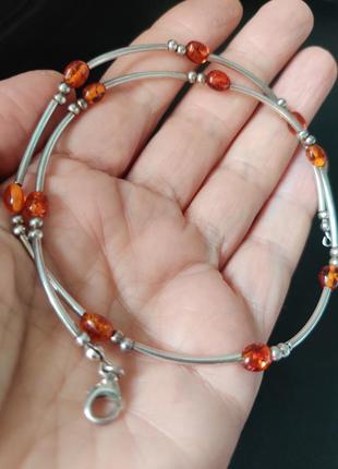 Серебряная винтажная колье янтарь цепочка