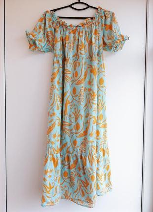 Платье женское бирюзовое оранжевого цвета миди4 фото