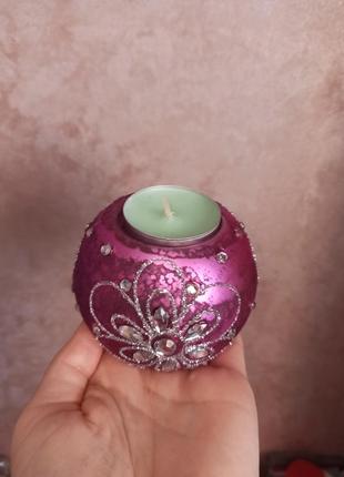 Скляний свічник зі свічкою у вінтажному  стилі5 фото
