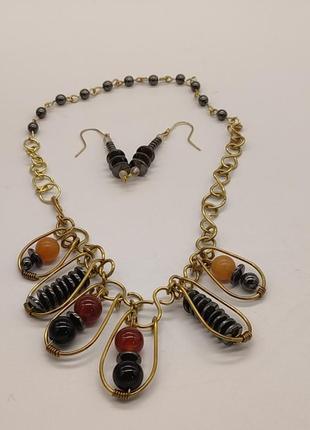 Комплект "дикі бджоли": 3 браслети і сережки з сердоліку, гематиту, агату, авантюрину. браслет з натурального каміння7 фото