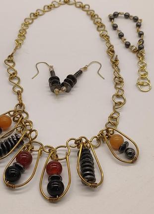 Комплект "дики пчелиные": 3 браслета и сережки из сердолика, гематита, агата, авантюрина. браслет из натурального камня8 фото