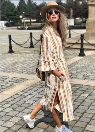 Качественное льняное платье, туника миди h&m в полоску.