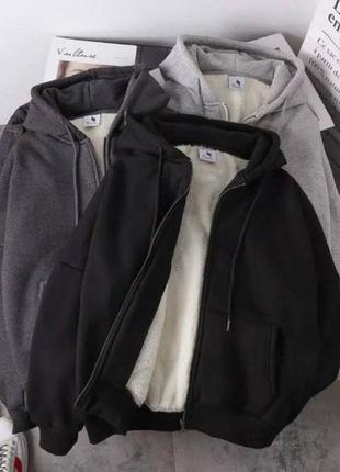 Теплое худи на замочке, флис+мех, xs,s,m,l,xl,xxl графит, серый и черный2 фото