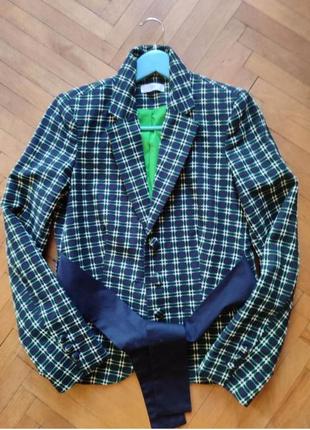 Французский пиджак в клетку женский жакет в сине-зеленую клетку с пришитым поясом франция оригинал