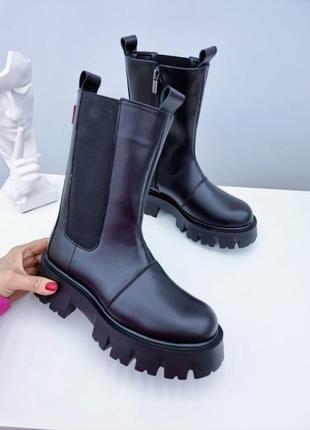 Женские высокие челси из натуральной кожи деми и зимние черные ботинки сапоги