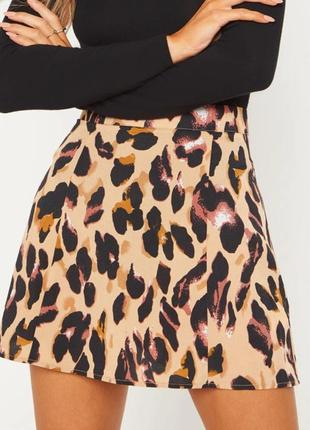Юбка женская сатин бежевая чёрная коричневая леопардовый принт3 фото
