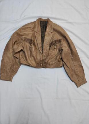 Стильный укороченный винтажный пиджак жакет из натуральной кожи