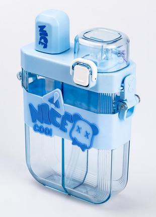 Пляшка для води з трубочкою багаторазова 620 мл пластикова з ремінцем блакитна пляшечка для води2 фото