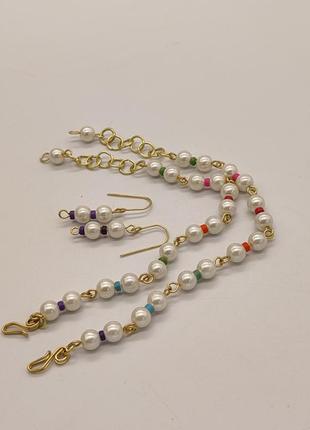 Комплект "мальвіна" 2 браслети і сережки із штучних перлів і керамічних намистин