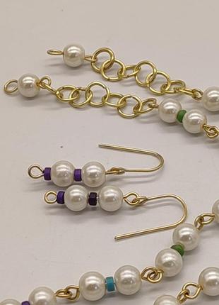 Комплект "мальвіна" 2 браслети і сережки із штучних перлів і керамічних намистин3 фото