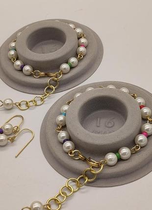 Комплект "мальвіна" 2 браслети і сережки із штучних перлів і керамічних намистин4 фото