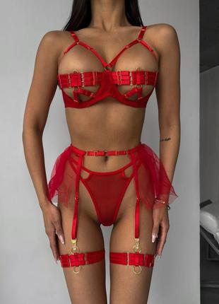 Женский красный эротический комплект белья с юбочкой