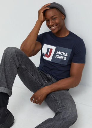 Чоловіча бавовняна футболка jcologan jack & jones синя xs-l3 фото