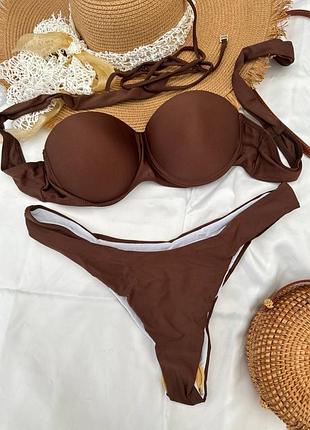 Классический купальник на завязках коричневый с большими чашками пуш ап