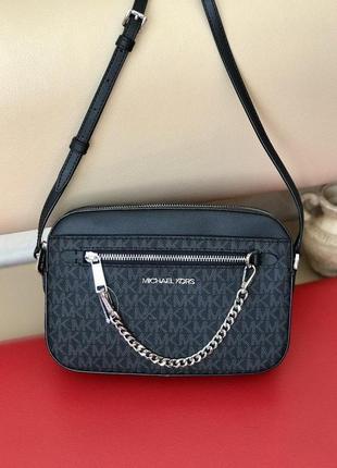 Сумка женская michael kors оригинал jet set large logo crossbody bag черная в лого кросс боди