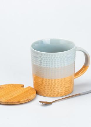 Чашка з бамбуковою кришкою та ложкою керамічна 350 мл помаранчева2 фото