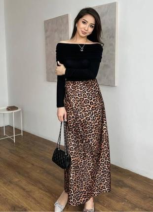 Женская атласная длинная юбка леопардовая