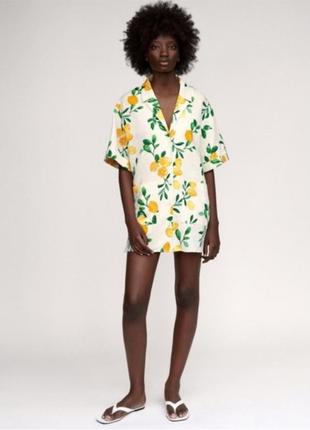 Zara "lara" lemon print mini shirt dress1 фото