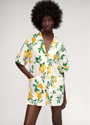 Zara "lara" lemon print mini shirt dress2 фото