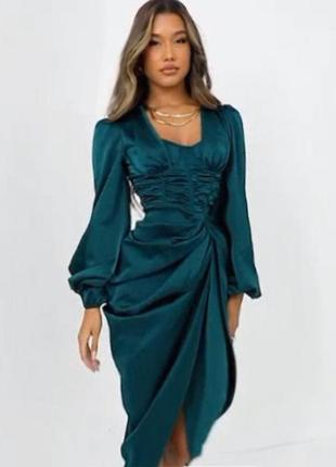 Розпродаж сукня prettylittlething міді смарагдове asos з драпіруванням9 фото
