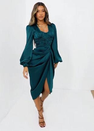 Розпродаж сукня prettylittlething міді смарагдове asos з драпіруванням7 фото