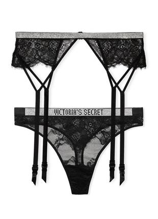Комплект черный кружево стразы пояс, трусики оригинал victoria’s secret