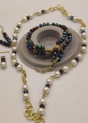 Комплект "кабаре" 3 браслети і 2 сережок з кришталевих намистин і штучних перлин4 фото