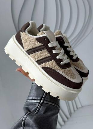 Бежевые моко женские кроссовки кеды тедди барашек женские кроссовки кеды с мехом