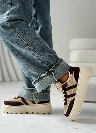 Бежевые моко женские кроссовки кеды тедди барашек женские кроссовки кеды с мехом