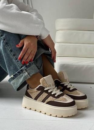 Бежевые моко женские кроссовки кеды тедди барашек женские кроссовки кеды с мехом