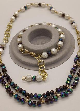 Комплект "кабаре" 3 браслети і 2 сережок з кришталевих намистин і штучних перлин5 фото