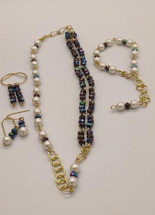 Комплект "кабаре" 3 браслети і 2 сережок з кришталевих намистин і штучних перлин6 фото