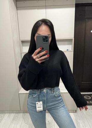 Чорний вкорочений светр під горло в рубчик zara / черный укороченый свитер зара