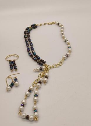 Комплект "кабаре" 3 браслети і 2 сережок з кришталевих намистин і штучних перлин7 фото