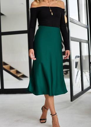Женская трендовая атласная зеленая изумрудная юбка миди, шелковая юбка