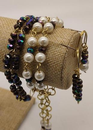 Комплект "кабаре" 3 браслети і 2 сережок з кришталевих намистин і штучних перлин3 фото