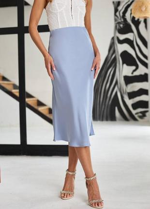 Женская трендовая атласная голубая юбка миди, шелковая юбка6 фото