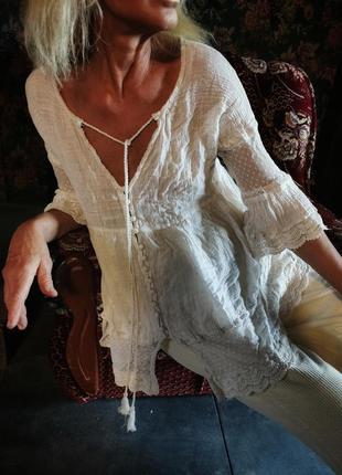 Кружевная блуза коттон хлопок сетка кружево туника с рюшами в бохо винтажном стиле primark3 фото