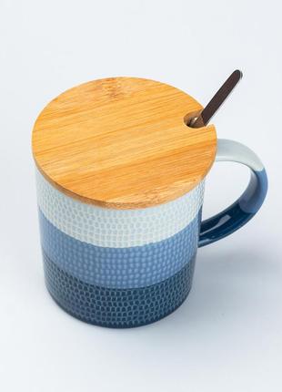 Чашка з бамбуковою кришкою та ложкою керамічна 350 мл синій3 фото