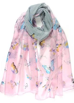 Тонкий прозрачный шифоновый шарф на голову, шею с бабочками новый