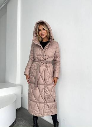 Довге зимове пальто пуховик на біопуху з поясом 42-56 розміри бежеве